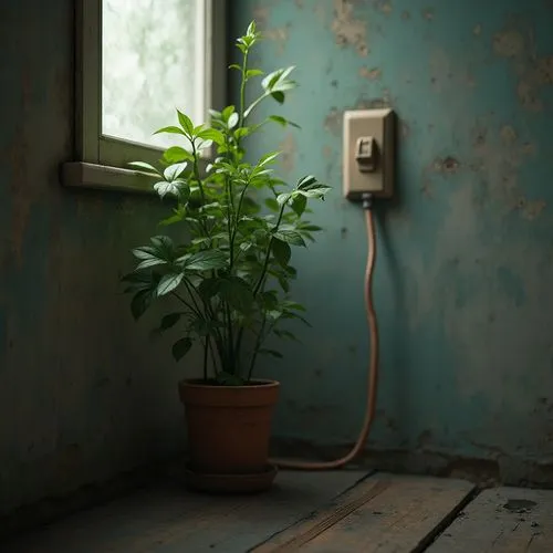 stunning image of a cute adorable plant in a pot plugged into the wall, moody, grainy, noisy, concept art, by Alberto Seveso, Cyril Rolando, Dan Mumford, Meaningful Visual Art, Detailed Painting, Digi