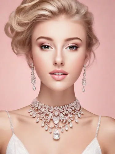 blonde, gorgeous, luscious lips, white background, pink, fine intricate petite jewellery, Pandora advert, Pandora style, feminine,bridal jewelry,bridal accessory,pearl necklaces,pearl necklace,diamond