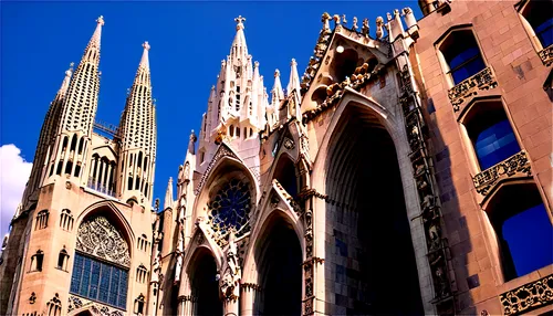 Barcelona Spain, Sagrada Familia, Gothic Quarter, La Rambla, solo, bright sunny day, blue sky, white clouds, ancient architecture, intricate stone carvings, stained glass windows, ornate facades, warm