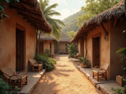 Rustic village setting, traditional earthen walls, wooden accents, thatched roofs, natural stone foundations, locally sourced materials, earthy color palette, organic forms, curved lines, regional cul