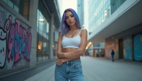 Modern, trendy woman, 25yo, standing, confident pose, blue-violet hair, bold eyeliner, glossy lips, sleek waist, fitted denim jeans, white sneakers, casual chic outfit, city street, contemporary skysc