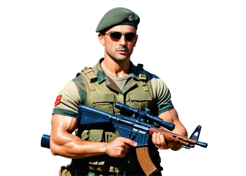 muscular man, soldier, camouflage uniform, beret, sunglasses, rugged facial expression, strong jawline, intense gaze, holding rifle, standing at attention, heroic pose, dramatic lighting, high contras