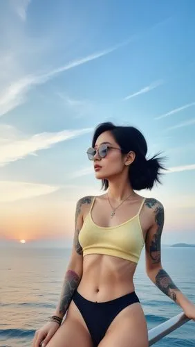 a beautiful woman in a bikini is leaning on a rail,bani,kreayshawn,beach background,sgh,charli,tats