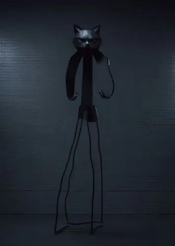 a strong human with a black cat head, in a gym,a cat sculpture in the dark with a black background,motzfeldt,hertzfeldt,tartakovsky,robotboy,shadowmen,man silhouette,Photography,Artistic Photography,A