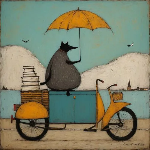 rickshaw,whimsical animals,brolly,bemelmans,bicyclette,bicycle ride,rain cats and dogs,ciclo,cyclist,bicycle,sidecar,carol colman,whimsical,bookmobile,alberty,bicycling,chair and umbrella,pluie,man with umbrella,janome chow,Art,Artistic Painting,Artistic Painting 49