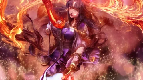 A young Woman with Fire wirling around her,a girl in an angel outfit holding a sword,shishou,semiramis,yuel,flame spirit,enhua,fujino