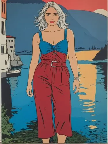 As soon as we arrive at our vacation destination, we shoot the first postcard photo: Lake Como and Alice in top form!,a woman standing next to a harbor with the sun setting in the background,pettibon,