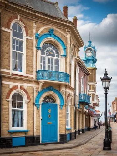 Clacton-on-Sea, seaside town, British architecture, Victorian-era inspired building, grand clock tower, intricate stone carvings, ornate balconies, large windows, wooden doors, vintage lamp posts, cob