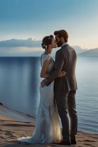 a bride and groom kissing in front of the ocean,wedding photo,elopement,wedding photography,wedding photographer,pre-wedding photo shoot,romantic scene,Photography,General,Realistic