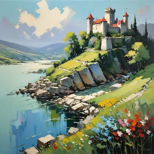 abstract oil on canvas art painting exploring big textures, square shapes, and pastel colors in a composition to depict a happy fairytale ending in an interpretative, castles, greenery, flowers, river