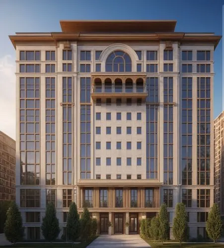 the exterior of a large office building in an empty lot,rotana,kempinski,largest hotel in dubai,habtoor,mgimo,difc,corinthia,supreme administrative court,hoboken condos for sale,damac,azerbaijan,nbbj,