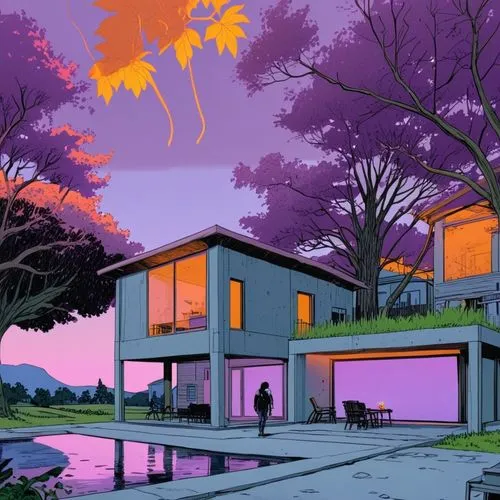 sketching, comic, ink, purple, pink, orange, ligths,stroke stronger ink line, more contrast,house silhouette,mid century house,suburban,mid century modern,houses silhouette,purple landscape,suburbs,mo