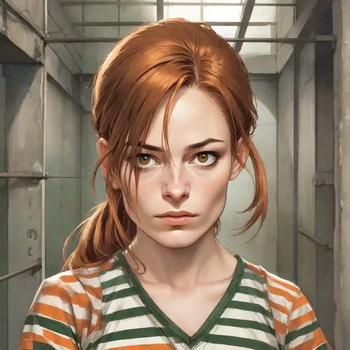 prisoner,mary jane,nora,clementine,portrait background,asuka langley soryu,clary,maci,daphne,lara,the girl's face,game illustration,chainlink,lori,prison,head woman,kosmea,penny,orange,vada,Digital Art,Comic