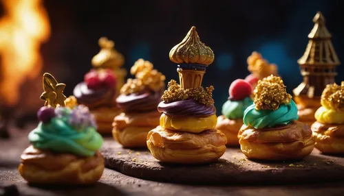 Create a fantasy world where choux pastries have magical powers and are used in epic battles.,diwali sweets,marzipan figures,christmas crib figures,scandia gnomes,golden candlestick,gnomes at table,in