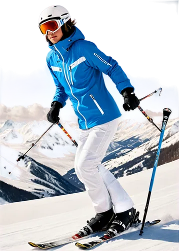 winter sports, snow mountain, solo skier, young adult, dynamic pose, blue ski jacket, white pants, goggles, helmet, ski poles, snowy terrain, morning light, panoramic view, shallow depth of field, vib