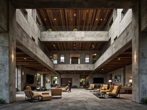 lobby,concrete ceiling,atriums,seidler,atrium,amanresorts,hotel lobby,midcentury,minotti,foyer,mid century modern,cochere,lofts,loft,exposed concrete,contemporary decor,contemporary,hotel hall,interior modern design,interiors