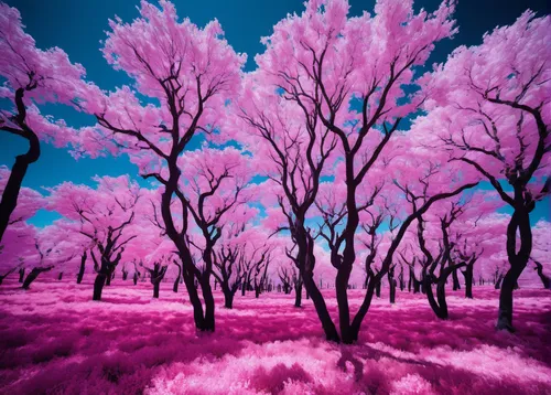 Infrared Trees - pt. VIII by myINQI,sakura trees,purple landscape,japanese cherry trees,blooming trees,sakura tree,pink grass,lilac tree,cherry trees,japanese sakura background,cherry blossom tree,blo