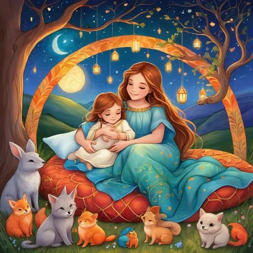 children's fairy tale,capricorn mother and child,children's background,cat family,the mother and children,little girl and mother,mother and children,fantasy picture,fairy tale icons,mother with children,harmonious family,motherhood,fairy tale,rabbit family,the little girl's room,fairy tale character,holy family,kids illustration,lily family,mom and kittens,Illustration,Realistic Fantasy,Realistic Fantasy 01