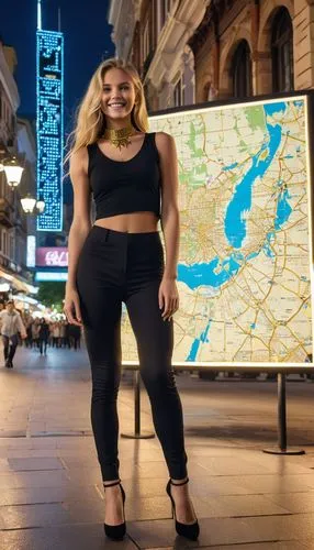 In the center of a bustling city square, a young woman dressed in a bold black sleeveless turtlrneck top sits in front of a map and a bouncy ballerina wearing a gold necklace, tanned skin, shiny tanne