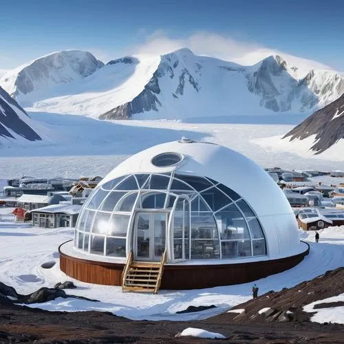 Icy Antartica research station, futuristic, modern, white dome-shaped main building, metallic framework, large windows, sliding glass doors, snow-covered rooftops, frozen tundra, distant glaciers, mis