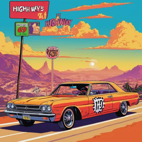 high way,highway,cd cover,muscle car cartoon,bobby-car,car hop,route 66,route66,high desert,night highway,city highway,high valley,mountain highway,station wagon-station wagon,hudson hornet,highway 1,retro car,bobbycar-race,drive in restaurant,roadrunner,Illustration,Vector,Vector 19