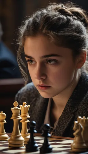 The expression of a 16-year-old girl chess player during a crucial match, the stress of her mental struggle etched between her focused brows, hyper-realistic, directed by Christopher Nolan,chess playe