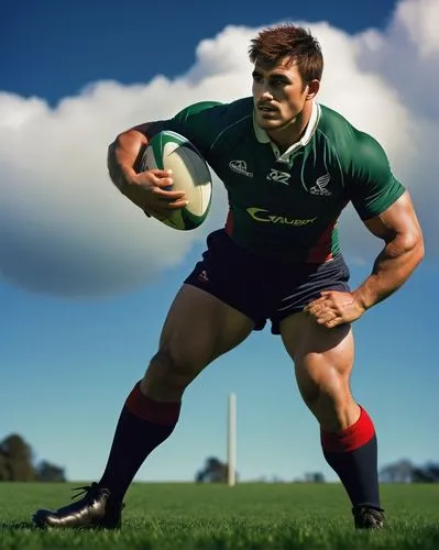 Rugby player, muscular man, athletic build, short spiky hair, strong facial features, sporty clothing, rugby jersey, rugged boots, holding rugby ball, standing on, green grass field, sunny day, few cl