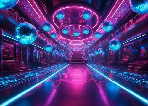 spaceship interior,ufo interior,nightclub,spaceland,disco,spaceliner,retro diner,cyberscene,spaceship space,tron,limo,futuristic,80's design,colored lights,cyberia,jukebox,hyperspace,the bus space,neon coffee,scifi,Illustration,Realistic Fantasy,Realistic Fantasy 38