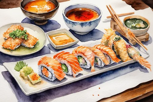 Prepare a traditional Japanese meal with sushi, miso soup, and tempura.,sushi set,sushi japan,japanese meal,japanese cuisine,sushi plate,japanese food,sushi roll images,sushi art,sushi boat,izakaya,su