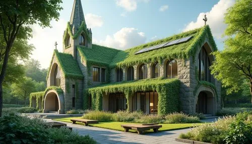 rivendell,nargothrond,gothic church,forest chapel,monastery,edensor,3d rendering,green garden,render,honeychurch,alfheim,beleriand,moss landscape,riftwar,chapelle,greenery,churchward,verdant,3d rendered,arrietty,Photography,General,Realistic