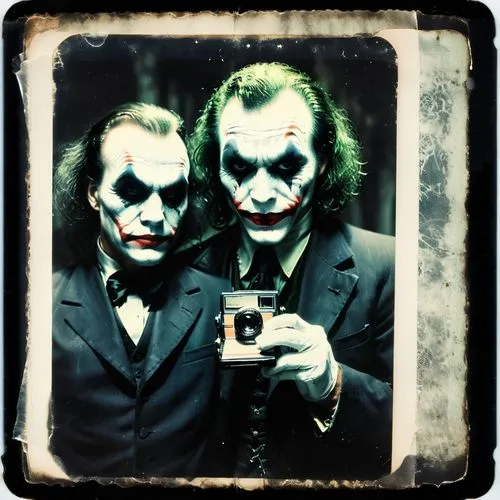 challenge halloween. joker takes a picture of Adams family,two people dressed up like jokers with a camera,jokers,wason,bizarros,joker,comedy tragedy masks,jesters,Photography,Documentary Photography,