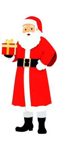 Santa Claus, festive Christmas atmosphere, jolly face, white beard, red hat, golden buckle, red coat, white fur trim, black boots, holding gift box, bright smile, joyful eyes, soft lighting, warm colo