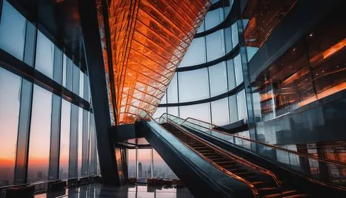 Futuristic skyscraper, sleek metallic exterior, neon lights lining edges, towering high-rise building, cityscape, sunset atmosphere, warm orange glow, misty fog surrounding base, intricate details, re