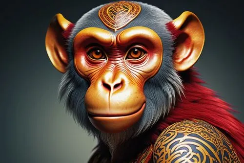 Chinese Zodiac Monkey, colorful tattoo, vibrant red and gold hues, intricate design, dynamic pose, agile limbs, mischievous facial expression, gleaming eyes, fur texture, tribal pattern, bold lines, s