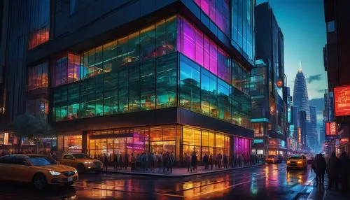 Tiered architecture, modern building, futuristic design, sleek lines, glass façade, steel frames, intricate details, urban cityscape, busy street, night scene, neon lights, vibrant colors, reflections