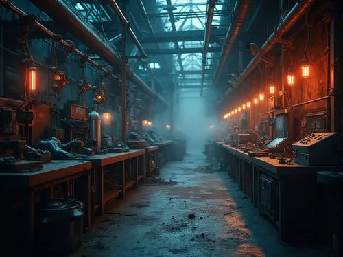 Industrial workshop, futuristic ambiance, neon lights illuminating metallic surfaces, sleek robotic arms, intricate machinery, copper wiring, steel beams, glass panels, holographic displays, cyberpunk