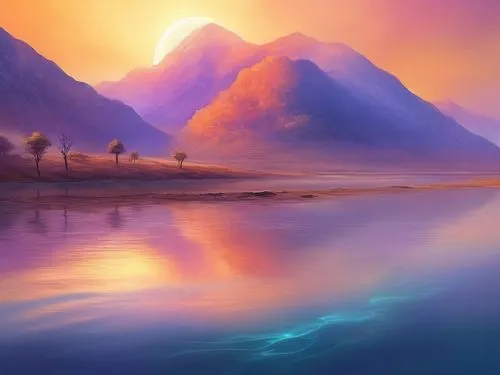 fantasy landscape,landscape background,world digital painting,purple landscape,desert landscape,mountain sunrise,river landscape,desert desert landscape,digital painting,evening lake,tranquility,beautiful landscape,sea landscape,coastal landscape,mountain landscape,mountain lake,futuristic landscape,beautiful lake,an island far away landscape,calm water,Illustration,Realistic Fantasy,Realistic Fantasy 01