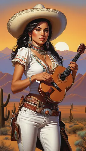 mariachi,pandero jarocho,mexican culture,country-western dance,sombrero,mexican hat,charango,adelita,la catrina,mexican,desert background,southwestern,charreada,mexican tradition,american frontier,mexican mix,latina,western concert flute,woman playing,margarita,Illustration,American Style,American Style 07