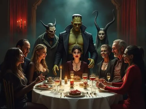 Party at the Hotel Transylvania with Vampire, Demon, Necromancer, Headless Horseman, Lilith, Frankenstein's Monster, Bride of Frankenstein, Werewolf, Banshee, Dullahan, Poltergeist, Lethifold, Creatur