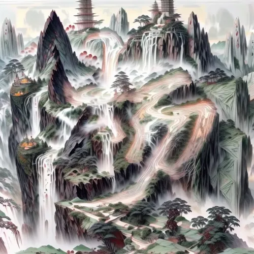 chinese background,maya civilization,yi sun sin,wuyi,yangqin,mountain scene,chinese art,hwachae,mountainous landscape,zhangjiajie,guizhou,oriental painting,cartoon video game background,yuanyang,jiaogulan,bianzhong,background image,karst landscape,mountainous landforms,japanese mountains