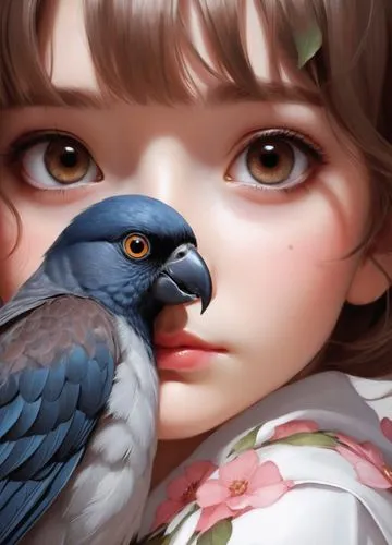 picture of a girl with a bird, the  girl has big grey eyes, with brown hair, HD,The Girl and The Bird,hoshihananomia,blue bird,blue birds and blossom,flower and bird illustration,digital painting,blue