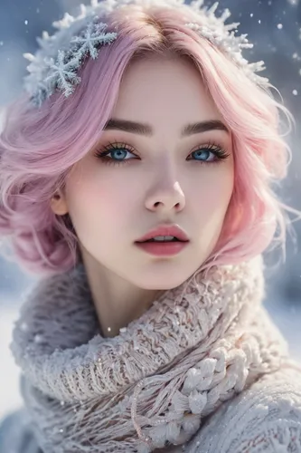 (highres, high quality:1.3), intricate details, sharp focus, depth of field, mature female,  
pink hair, very long hair, eyelashes, yellow eyes,upper body, snowy background, snowing, snowfall, ice, ic