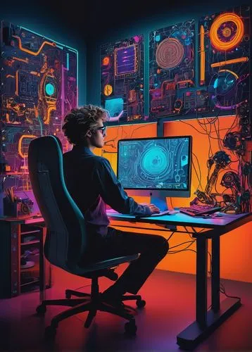 computer room,man with a computer,girl at the computer,computer addiction,computer game,computer freak,game illustration,gamer zone,computer games,cyberpunk,playing room,computer,night administrator,computer workstation,computer desk,sci fiction illustration,trip computer,computer art,cyberspace,gamer,Art,Artistic Painting,Artistic Painting 38