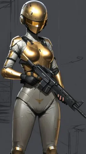 a female special forces, with metallic read armor, with battle damage, modern rifle ,a woman in a silver and gold suit with a gun,spaceguard,rocketeer,fembot,goldbug,spacesuit,battlesuit,rooper,fembot