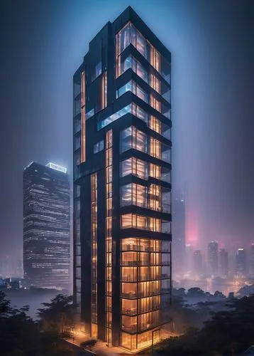 Modern skyscraper, luxurious villa, sleek lines, minimalist facade, large windows, steel frames, glass walls, LED lights, neon strips, warm ambient lighting, night scene, cityscape, urban landscape, f