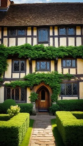 Stratford Upon Avon, English countryside, Tudor-style mansion, half-timbered facade, white stucco walls, steeply pitched roof, multiple chimneys, ornate wooden door, lead-paned windows, climbing vines