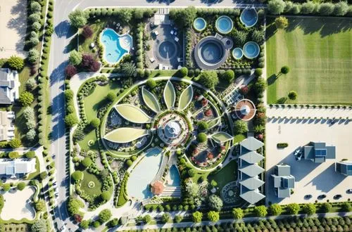 an aerial view of the large garden and the surrounding buildings,dubailand,ecovillages,ecotopia,europan,urban park,ecovillage,Photography,General,Realistic