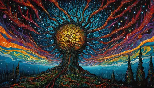 colorful tree of life,tree of life,magic tree,celtic tree,the branches of the tree,flourishing tree,painted tree,tangerine tree,tree torch,burning tree trunk,psychedelic art,mantra om,mother earth,shamanism,the trees,shamanic,the roots of trees,pachamama,burning bush,tree grove,Illustration,Realistic Fantasy,Realistic Fantasy 33