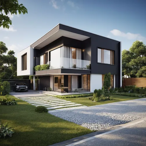 a view of a modern house ,The exterior facade color is black overall architectural design, large modern residence, contemporary house, realistic architecture, architectural visualization, exterior des