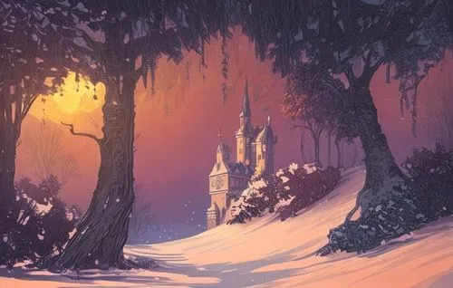 medieval fantasy game art, dense winter forest, sunset background smooth snow, snow on the trees, castle in the background, clean vector graphic style,snow scene,winter forest,winter landscape,winter 